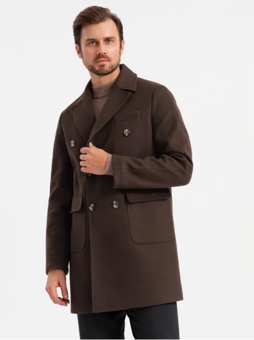Pánský tmavě hnědý dvouřadý kabát V3 COWC-0109