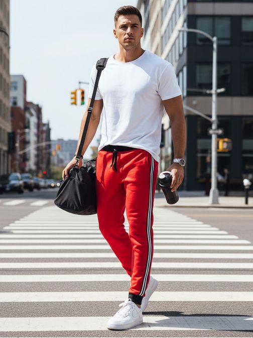 Pánské červené tepláky s ozdobným pasem