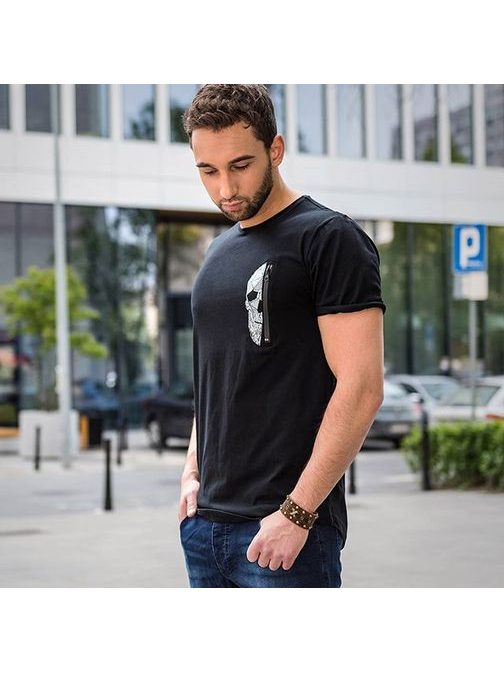 Moderní černé pánské tričko s potiskem a kapsou BREEZY 713