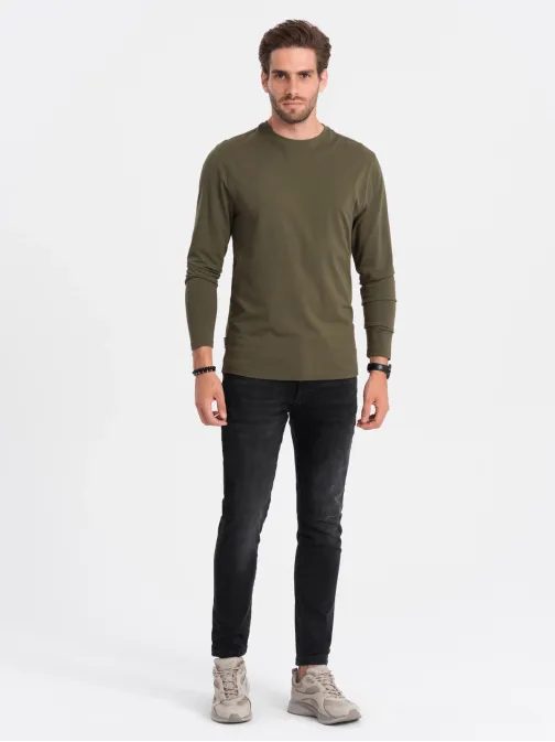 Jednoduché bavlněné tričko s dlouhým rukávem v olivové barvě v7 om-lsbl-0106
