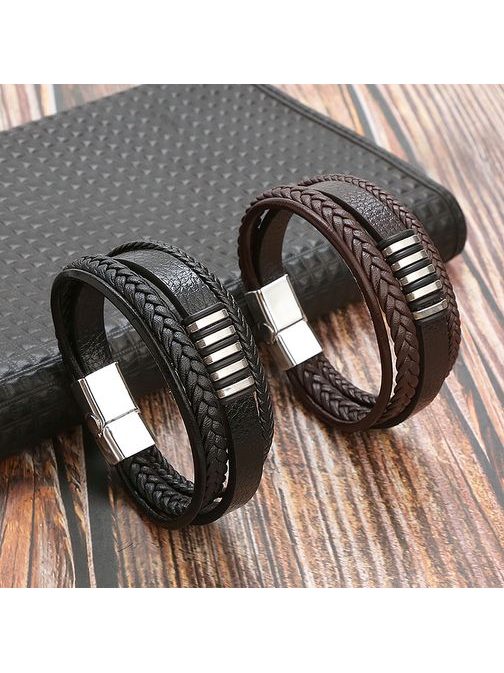 Pánský černý kožený náramek s kovovými prvky