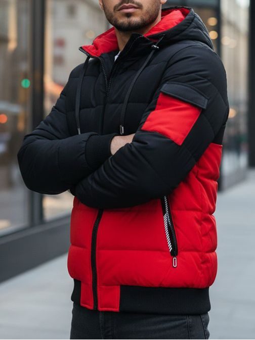 Pánská zimní bunda s kapucí v černé a červené barvě