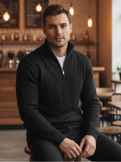 Vzorovaný pánský svetr se zipem černý