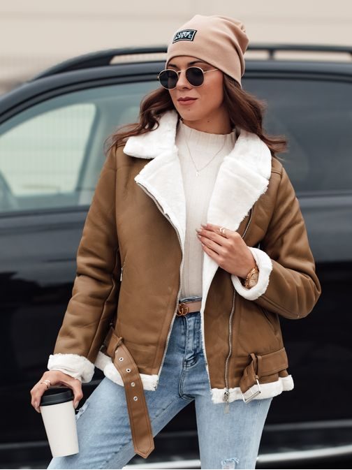 Dámská koženková kamelová bunda s kožíškem Norfdima