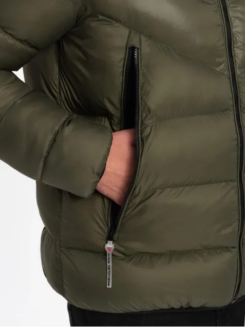 Prošívaná lesklá olivová zimní bunda V3 JAHP-0145