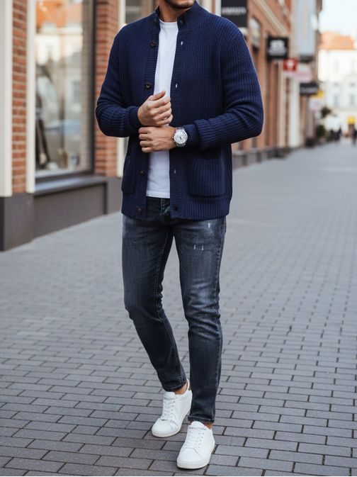 Stylový modrý svetr pro muže se zapínáním na knoflíky