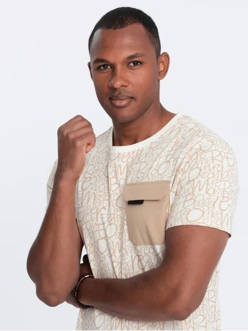 Hnědé tričko s trendy potiskem a kapsou V1 TSFP-0188