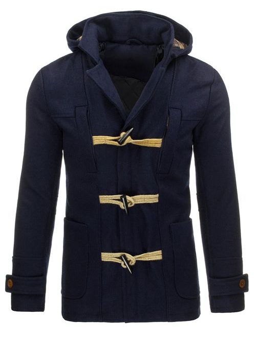 Zimní moderní tmavě modrý kabát s kapucí