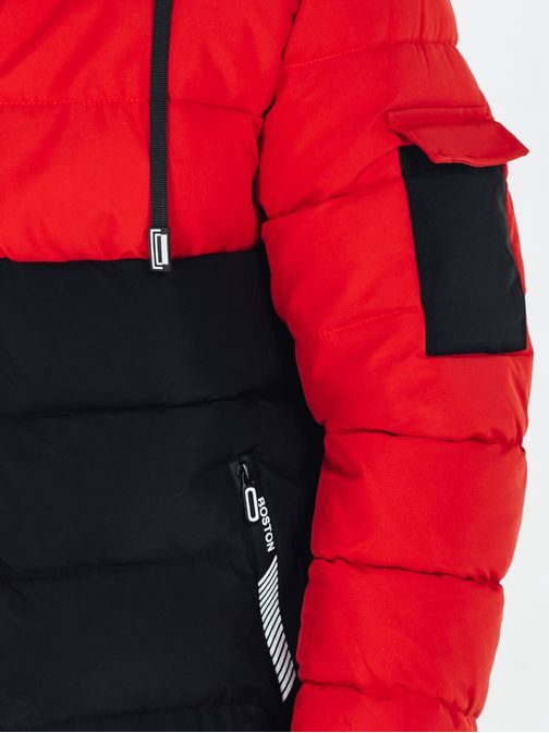 Pánská zimní bunda s kapucí v červené a černé barvě