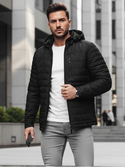 Přechodná nadčasová černá bunda s kapucí