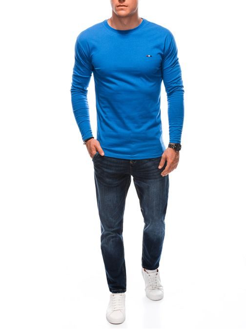 Modré bavlněné tričko s dlouhým rukávem s drobnou nášivkou L164