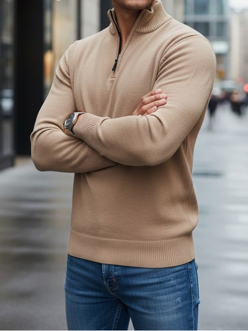 Moderní hnědý pánský svetr na zip