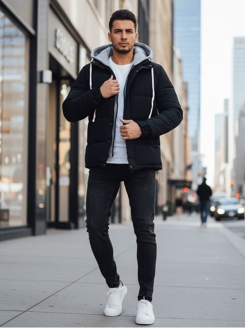 Zajímavá tmavě modrá zimní bunda s kapucí