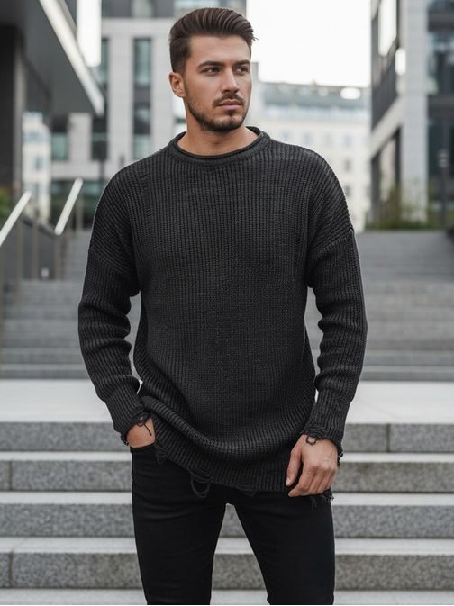 Stylový prodloužený svetr v tmavě šedé barvě