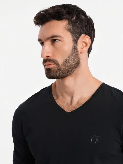 Trendy černé tričko s dlouhým rukávem s výstřihem do V a s logem V1 LSBC-0123