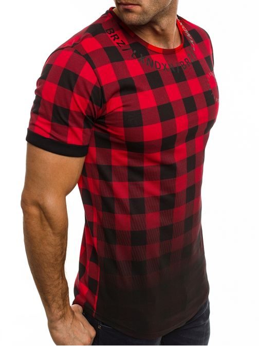 Moderní kostkované pánské červené triko BREEZY 532