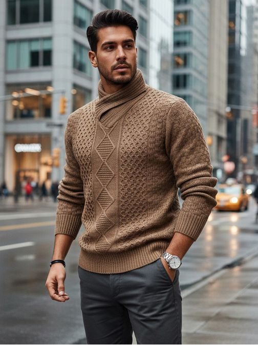 Béžový pánský svetr s vysokým límcem