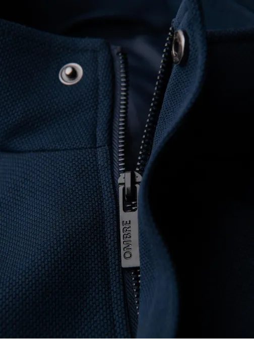 Tmavě modrý pánský kabát s vysokým límcem V2 COWC-0136