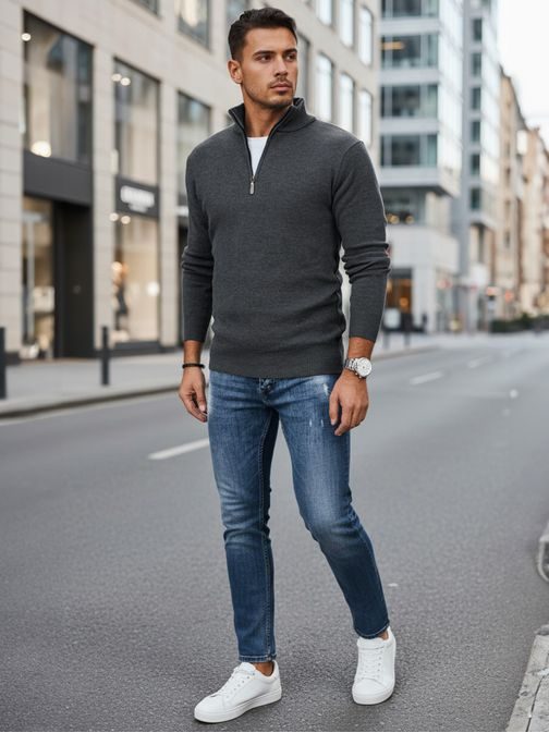 Moderní grafitový pánský svetr se zipem