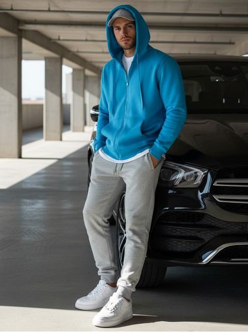 Světle-nebesky modrá jednoduchá mikina s kapucí