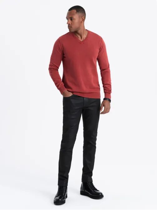 Pánský svetr s výstřihem do V v červené barvě V3 SWOS-0108
