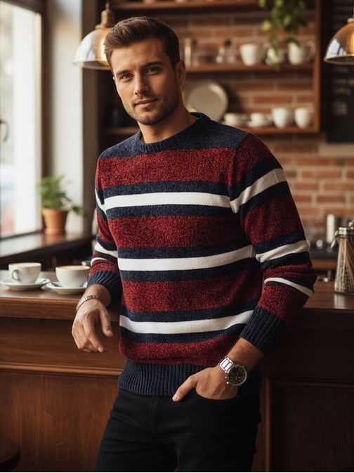 Módní pruhovaný červený svetr na zimu