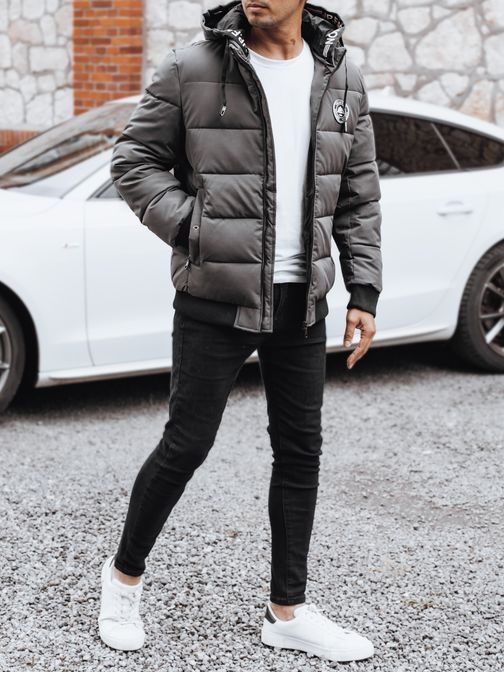 Trendy zimní bunda s kapucí v šedém provedení