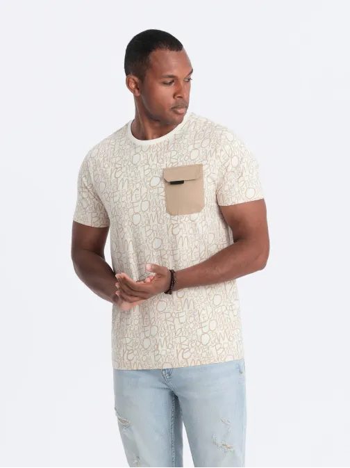Hnědé tričko s trendy potiskem a kapsou V1 TSFP-0188