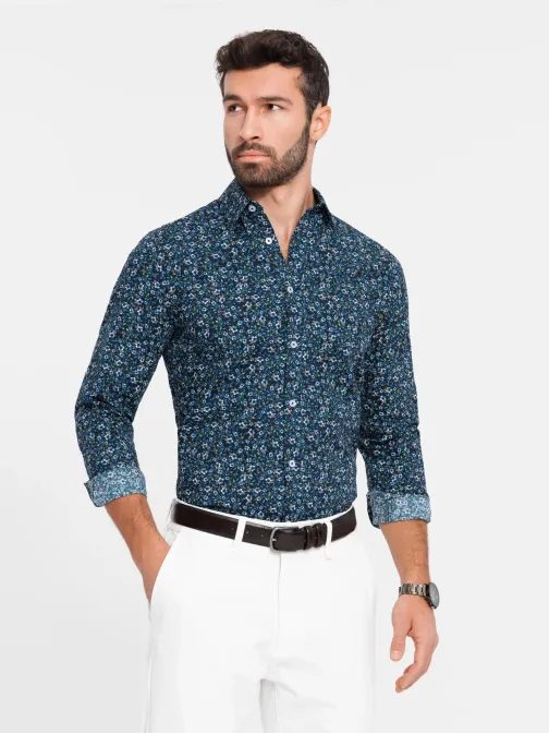 Zajímavá tmavě modrá košile s trendy vzorem V1 SHCS-0151