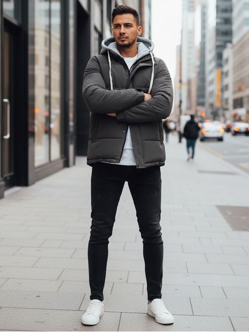 Zajímavá grafitová zimní bunda s kapucí