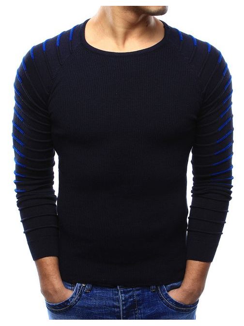 Tmavě modrý pánský svetr s propracovaným detailem