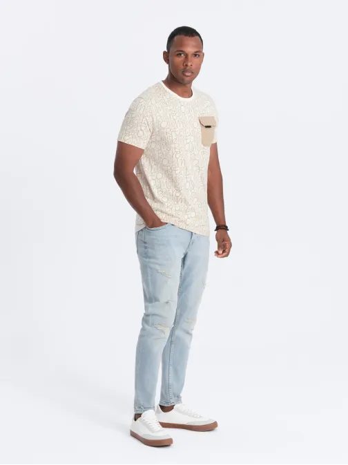 Hnědé tričko s trendy potiskem a kapsou V1 TSFP-0188