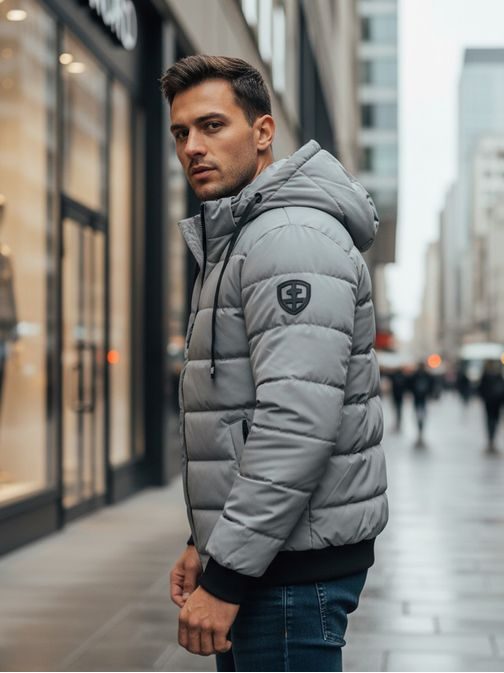 Nadčasová šedá zimní bunda s kapucí