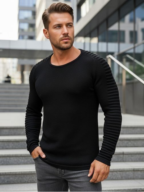 Moderní pánský svetr se zajímavými rukávy černý