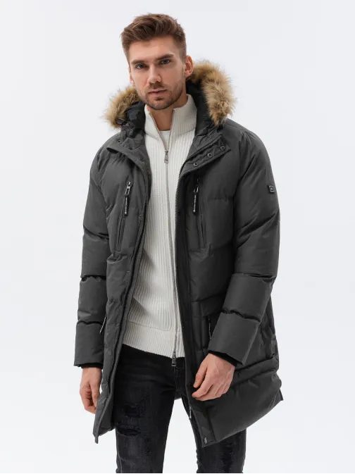 Tmavě šedá prošívaná dlouhá bunda C547