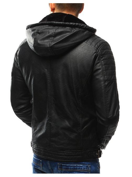 Zateplená černá koženka s kapucí