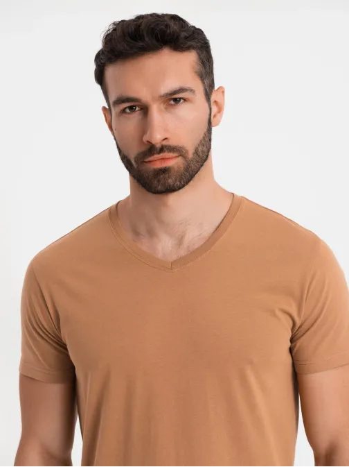 Základní bavlněné hnědé tričko s výstřihem do V V9 TSBS-0237