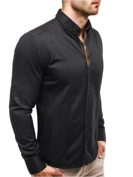 Výrazná černá košile s hnědým lemem 2228