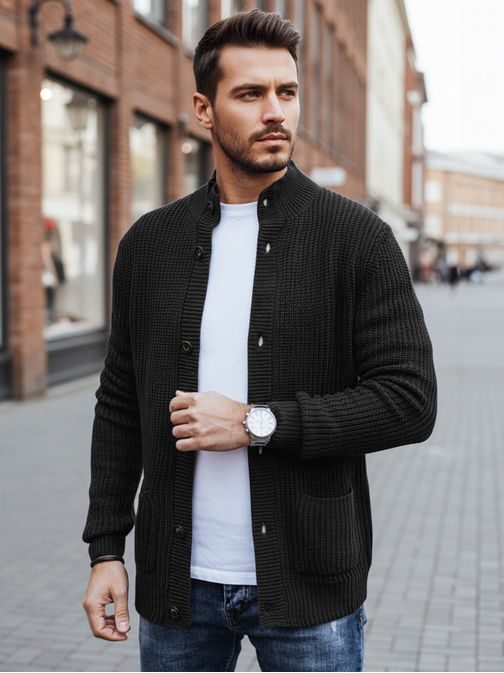 Stylový černý svetr pro muže se zapínáním na knoflíky