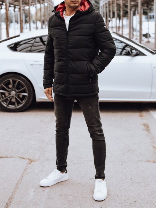 Pánská zimní černá bunda laděná do červena