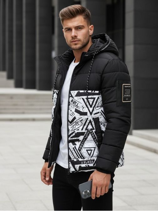Moderní černá zimní bunda s potiskem