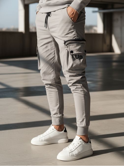 Trendy šedé pánské kapsáčové jogger kalhoty UP