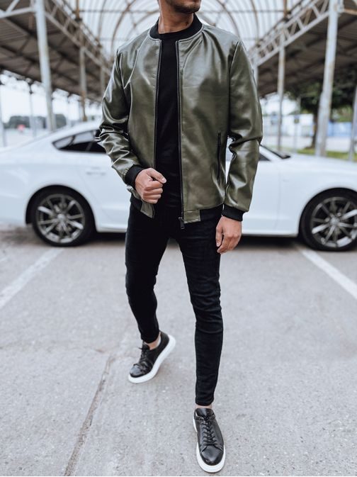 Módní zelená koženková bomber bunda