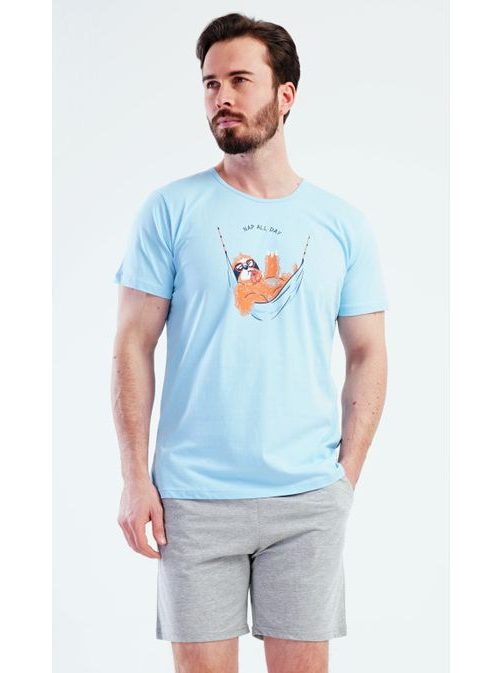 Světle modré pánské krátké pyžamo Lenochod