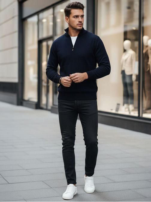 Moderní tmavě modrý pánský svetr na zip