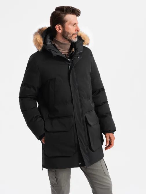 Moderní černá pánská parka na zimu V3 JALJ-0184