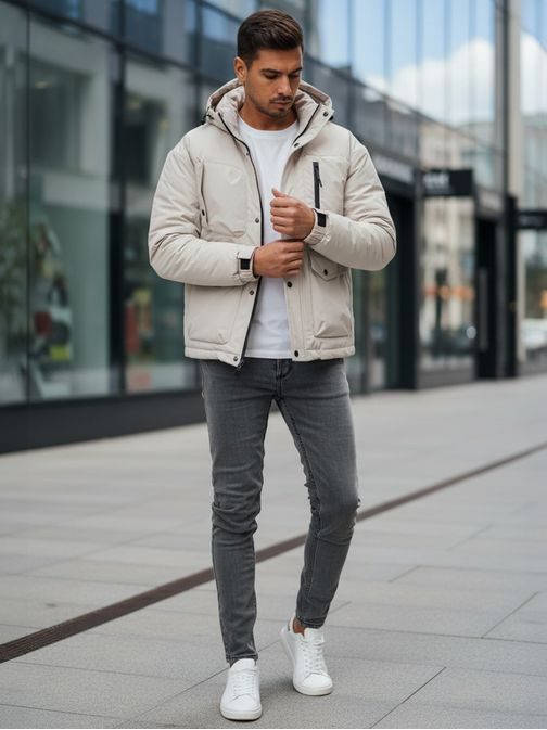 Béžová pánská zimní bunda s kapsami