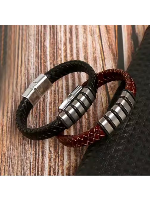 Kožený pletený náramek s ornamentem hnědý