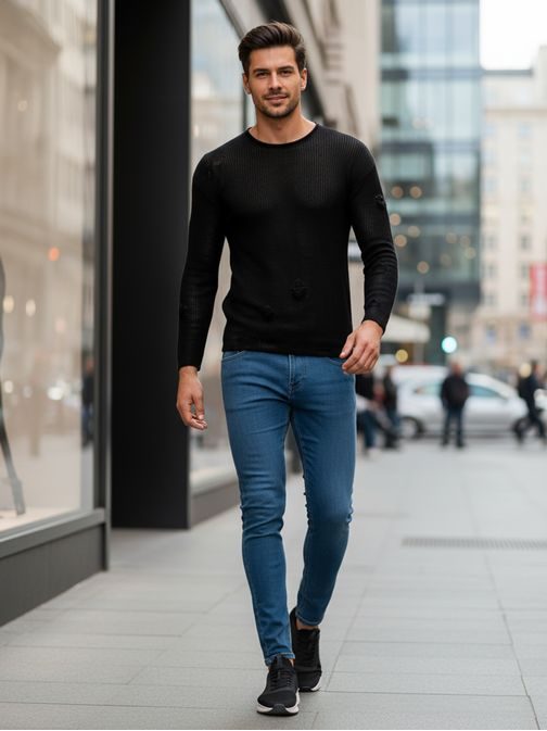 Černý pletený svetr s módními otvory