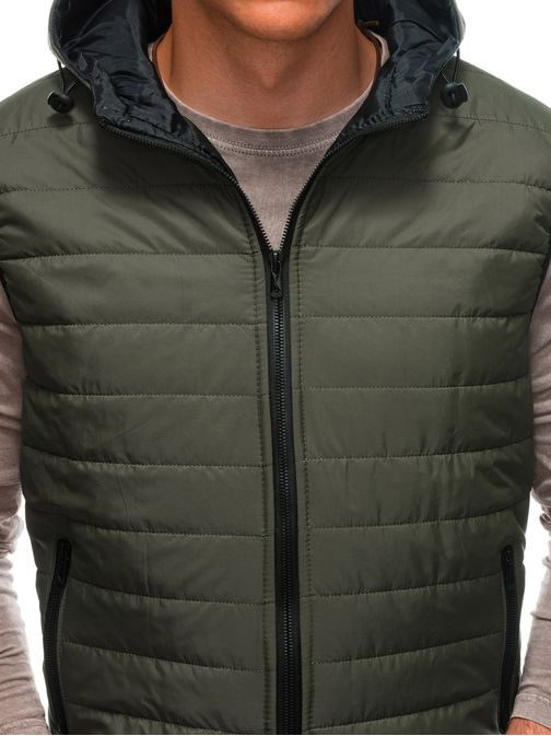 Pánská khaki prošívaná vesta s kapucí V58